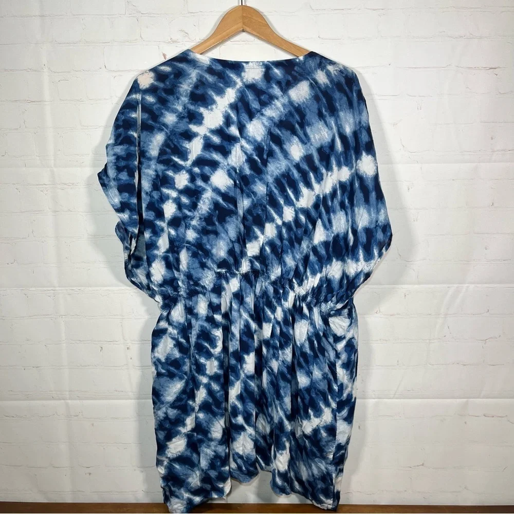Lands' End Tie Dye Swim Cover Up Womens Large Blue Drawstring Waist Dress Tunic